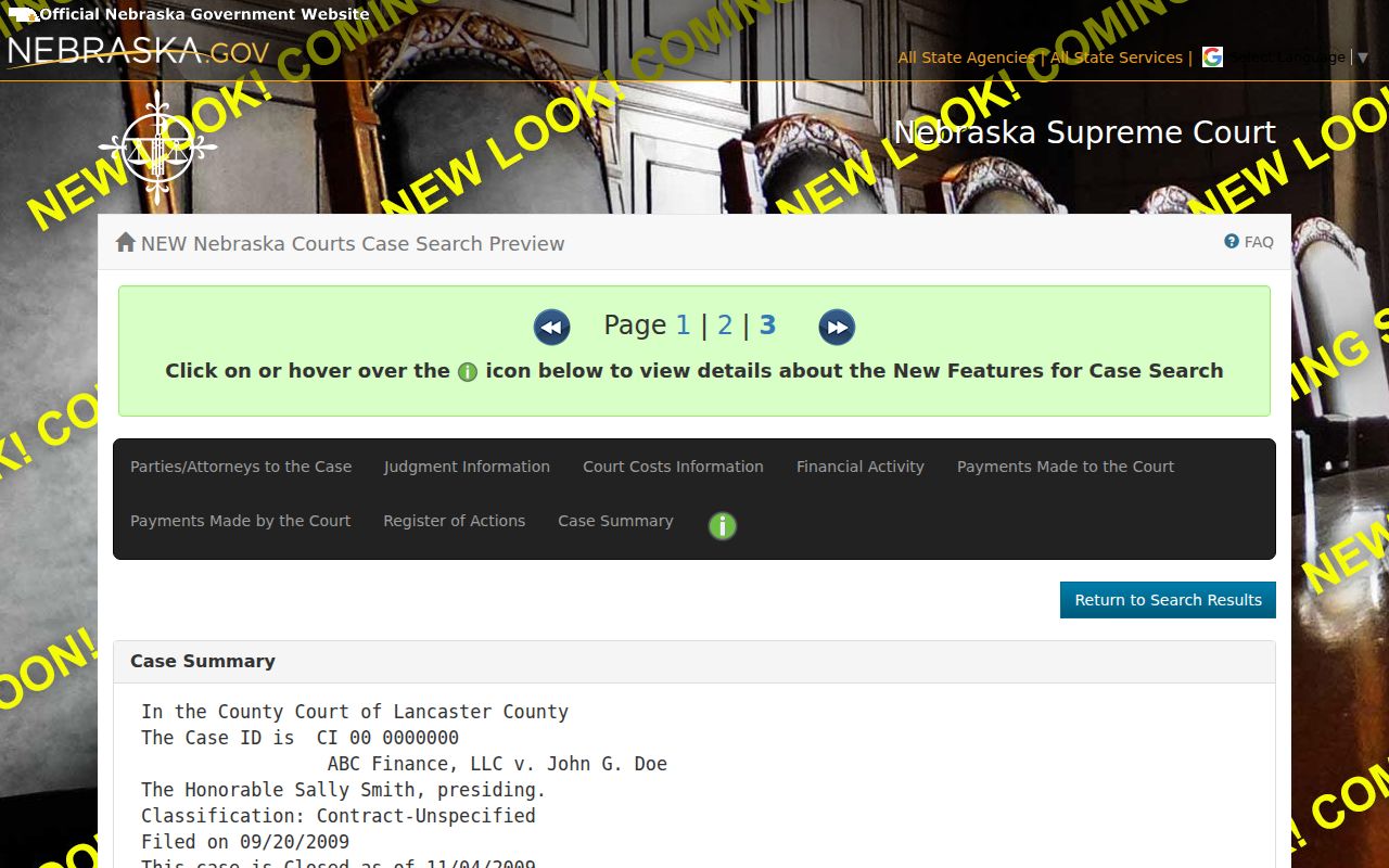 Saunders County docket search case detail and Register of Actions example
