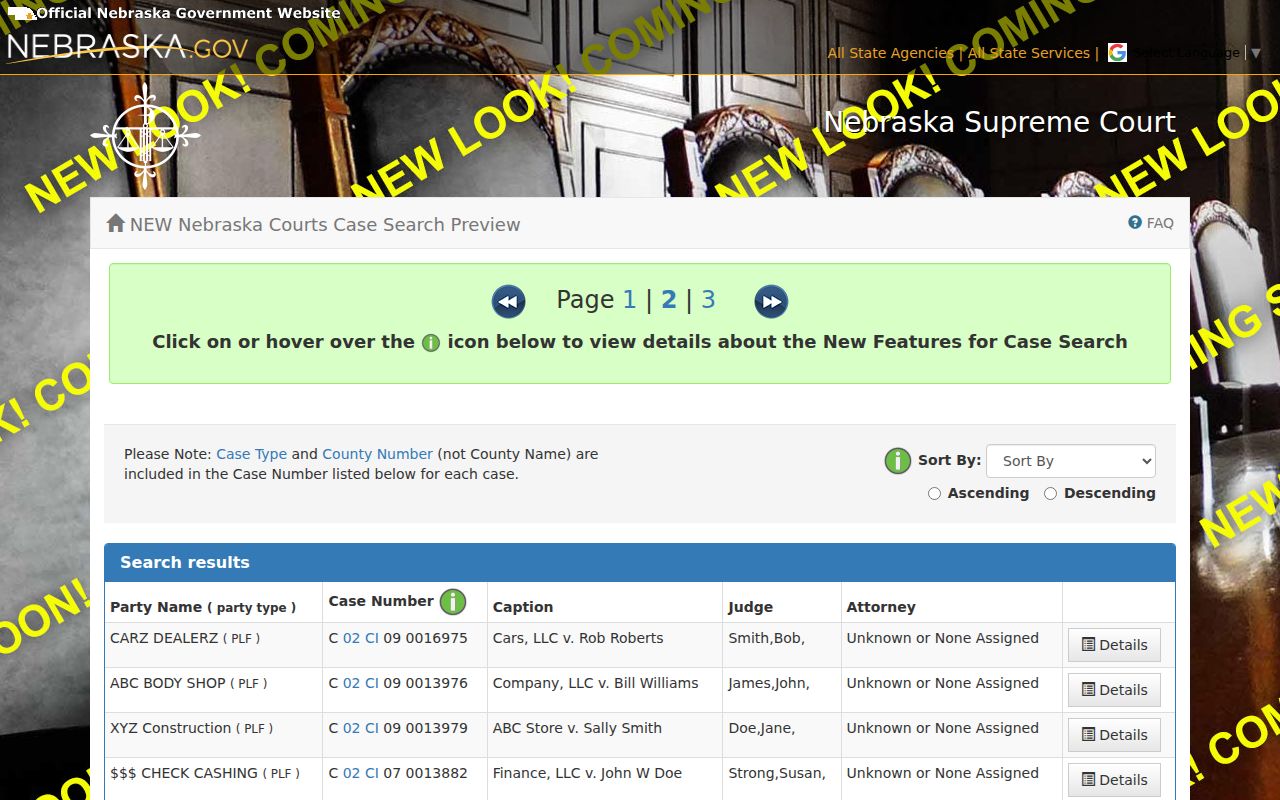 Saunders County docket search results example with case number and caption columns