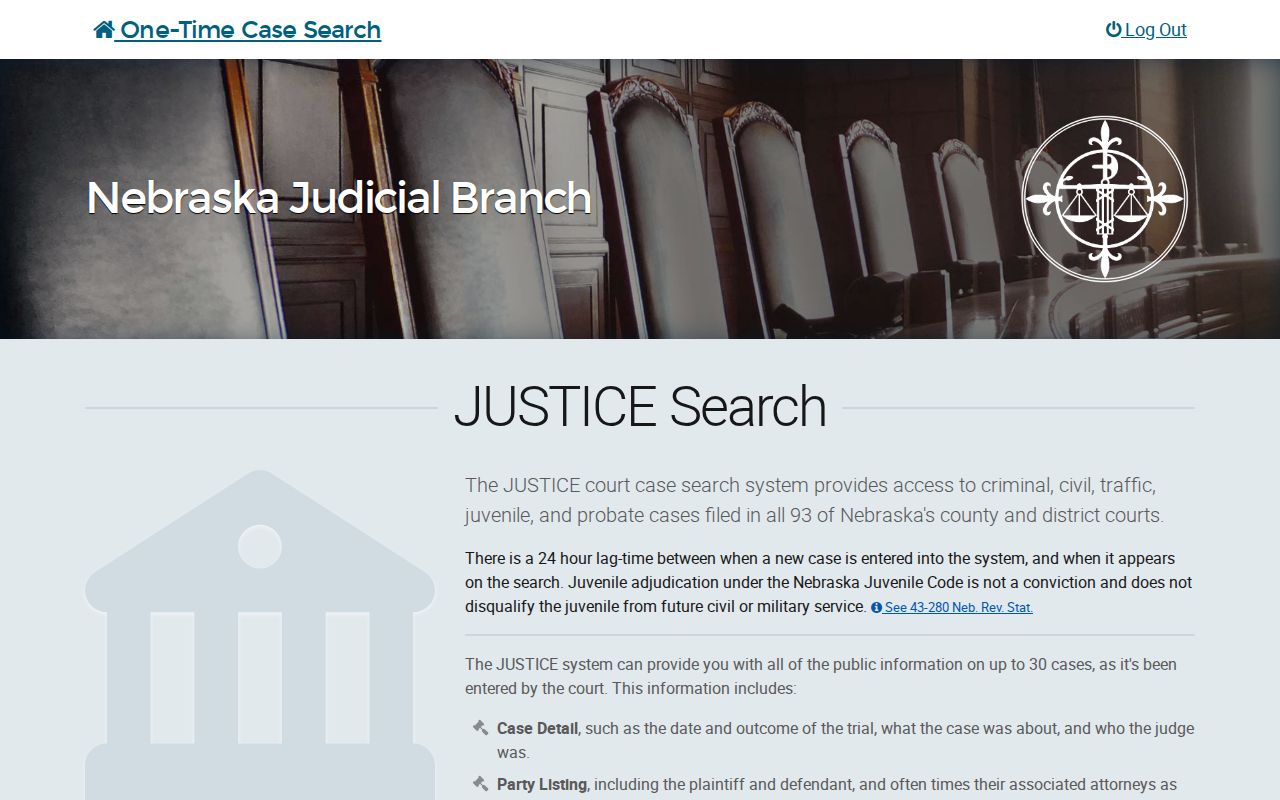 Saunders County docket search landing page for Nebraska JUSTICE one-time search
