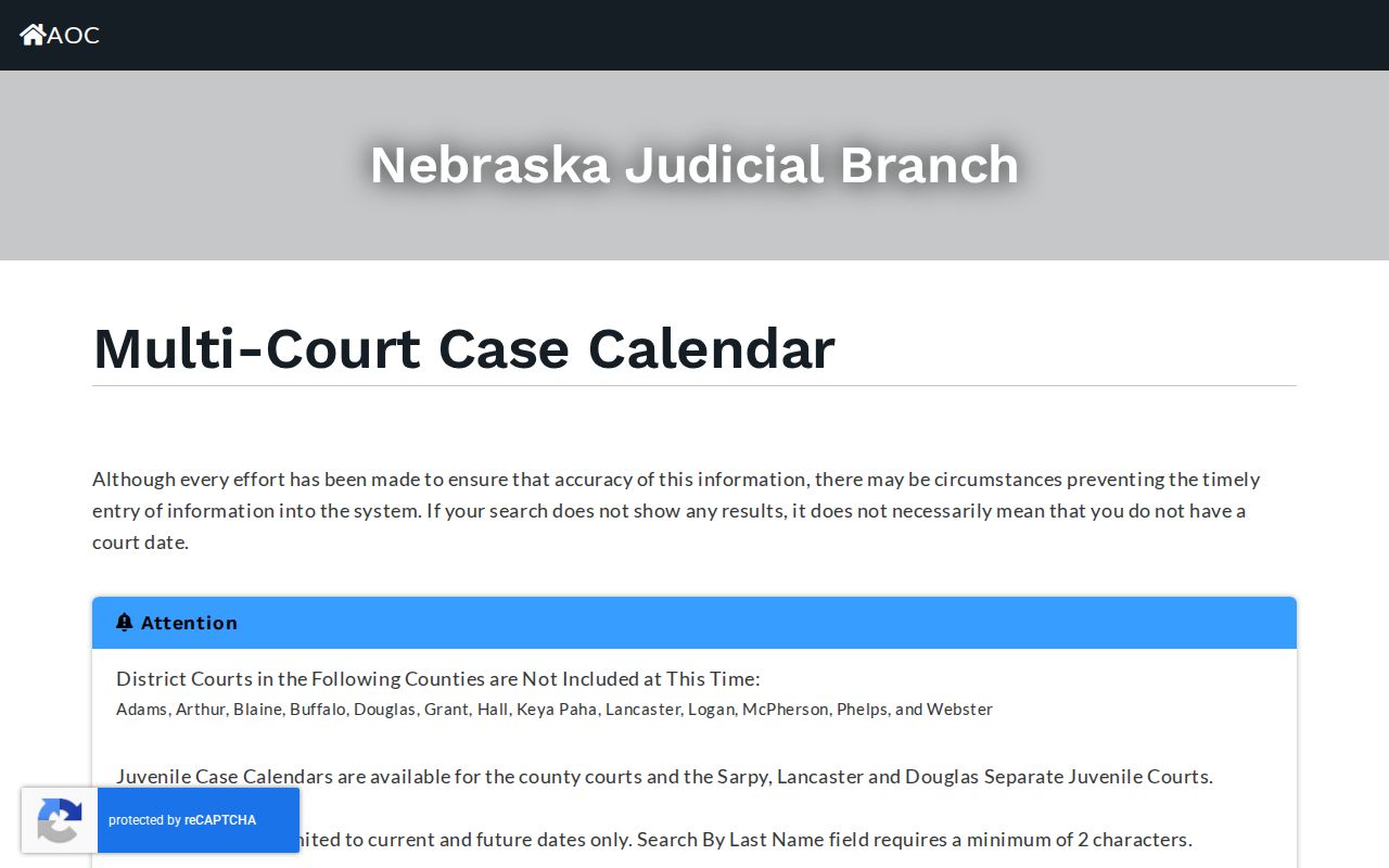 Saunders County court schedule search showing court, date, and last-name controls
