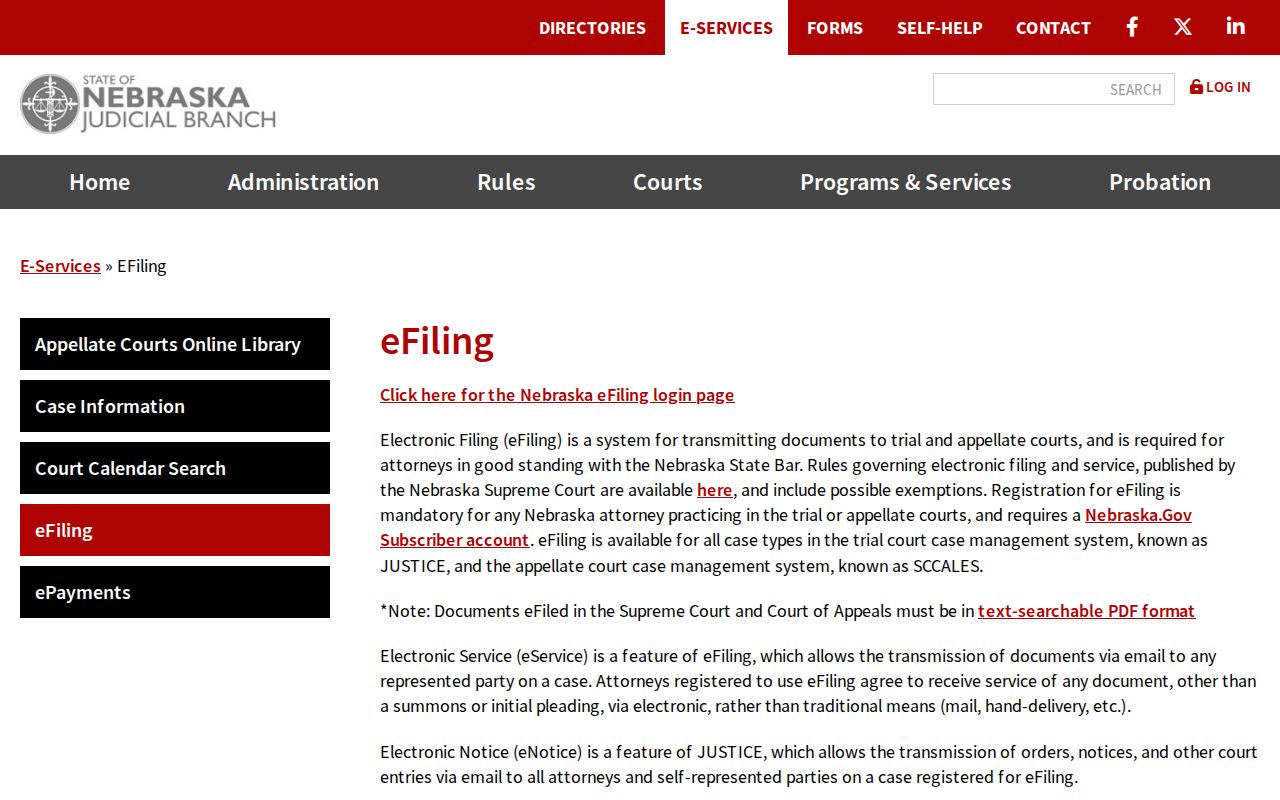 Saunders County court schedule context for Nebraska eFiling and eService