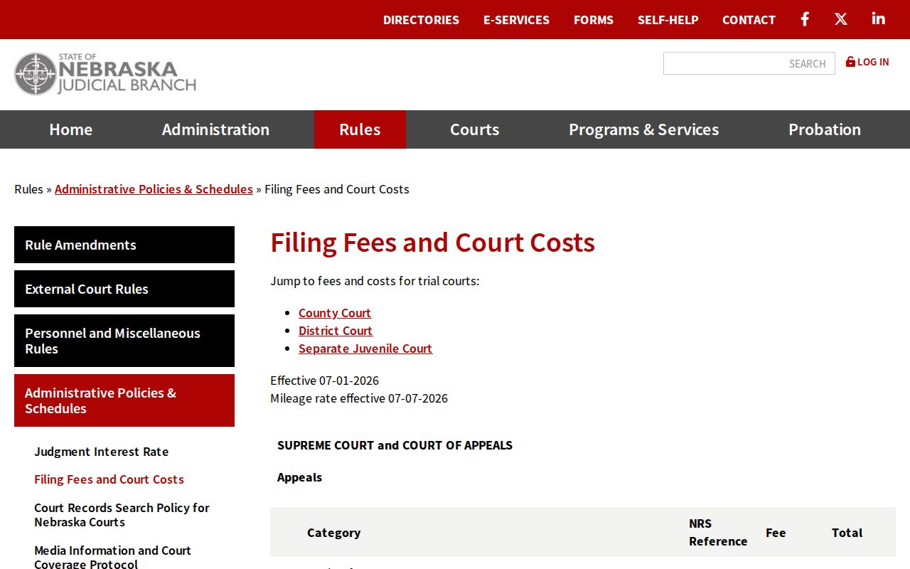 Saunders County court case records fee schedule from Nebraska Judicial Branch