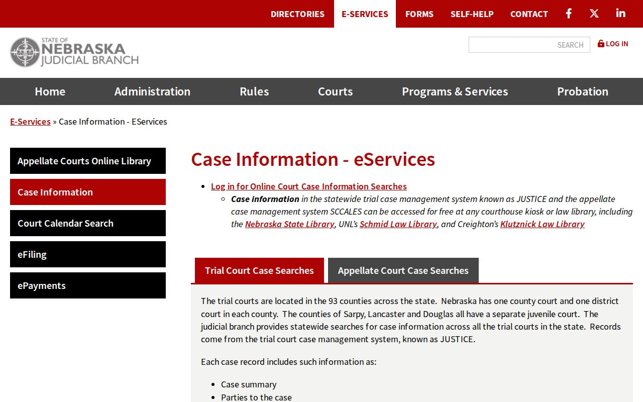 Yutan court records search context through Nebraska JUSTICE case information eServices